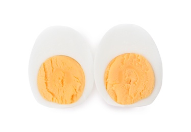 Photo of Sliced hard boiled egg on white background