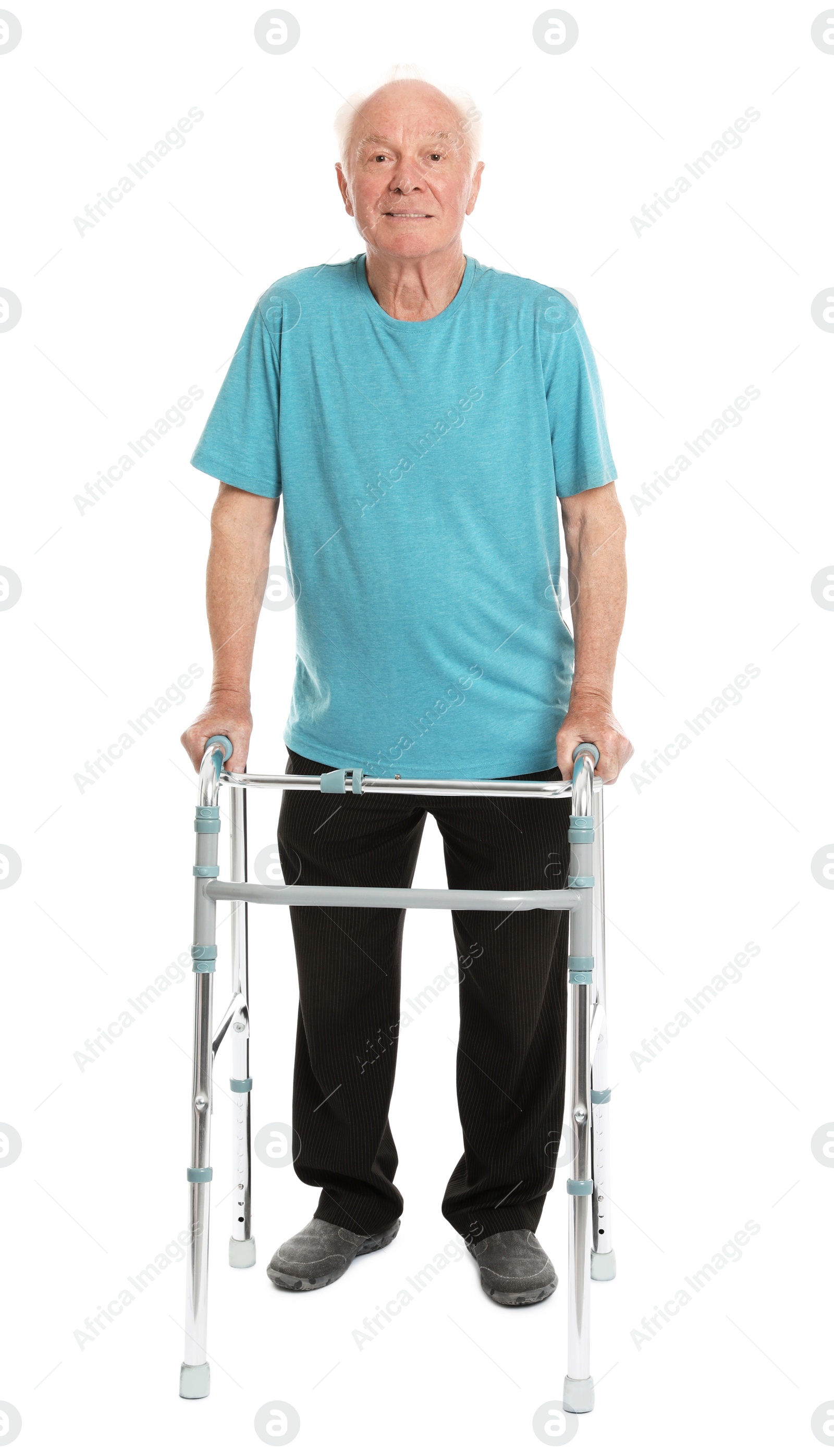 Photo of Full length portrait of elderly man using walking frame isolated on white