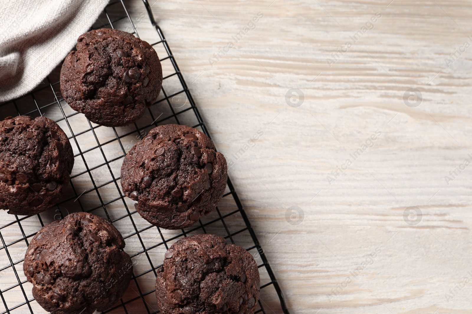 Photo of Delicious chocolate muffins on light wooden table, top view. Space for text