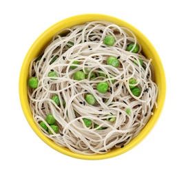 Tasty cooked rice noodles with peas isolated on white, top view