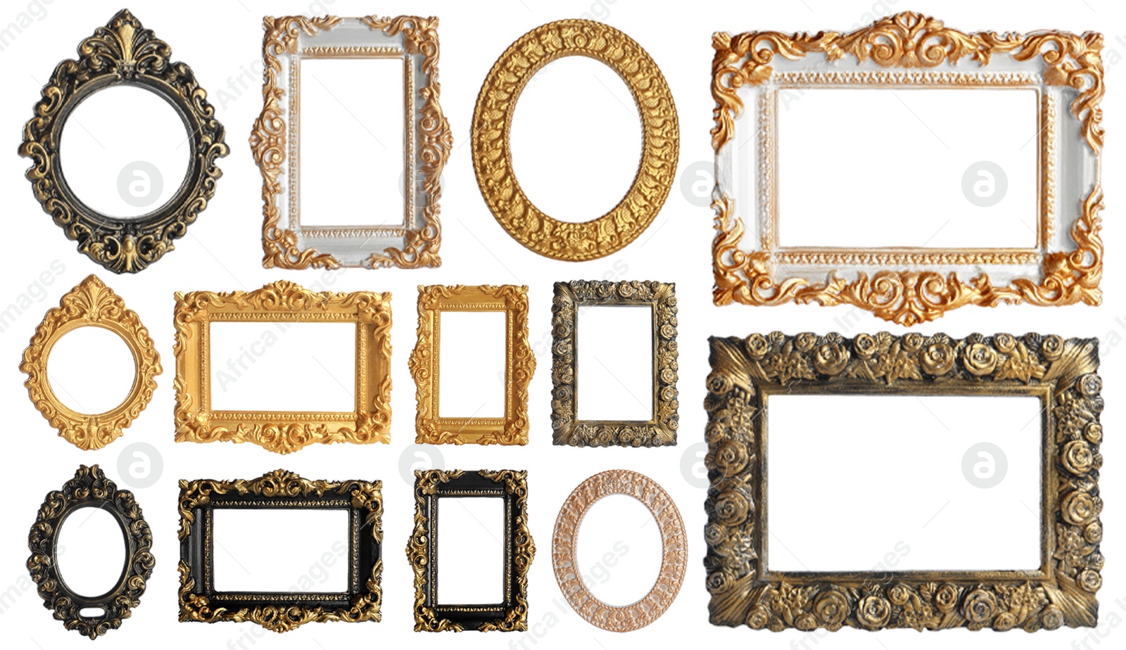 Image of Set of different old fashioned frames on white background