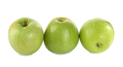 Photo of Fresh juicy green apples with water drops isolated on white