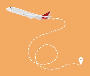 Flight direction illustration. Plane and pin connected by dashed line on orange background