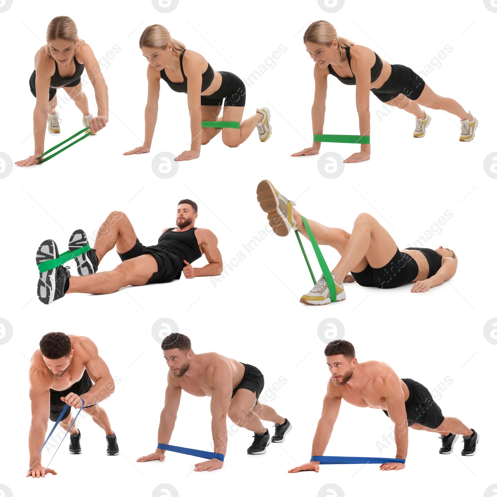 Image of Man and woman doing different exercises with elastic resistance band on white background, set of photos