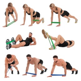 Image of Man and woman doing different exercises with elastic resistance band on white background, set of photos