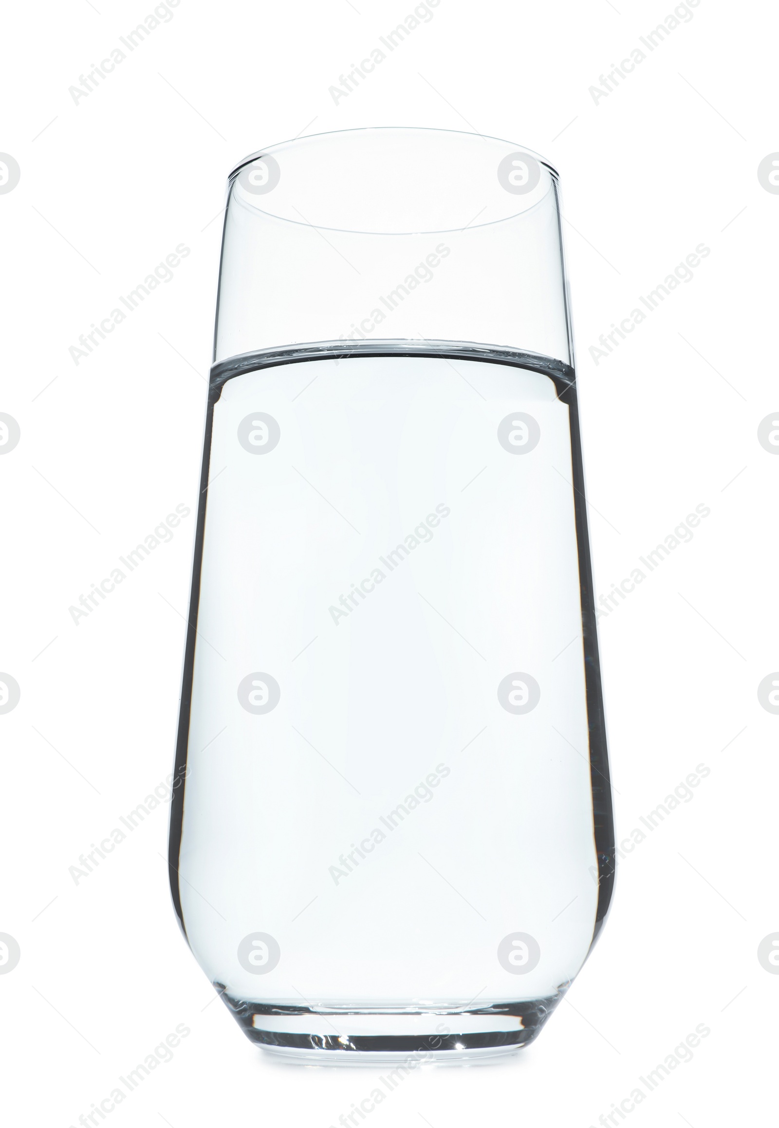 Photo of Glass of cold clear water on white background. Refreshing drink