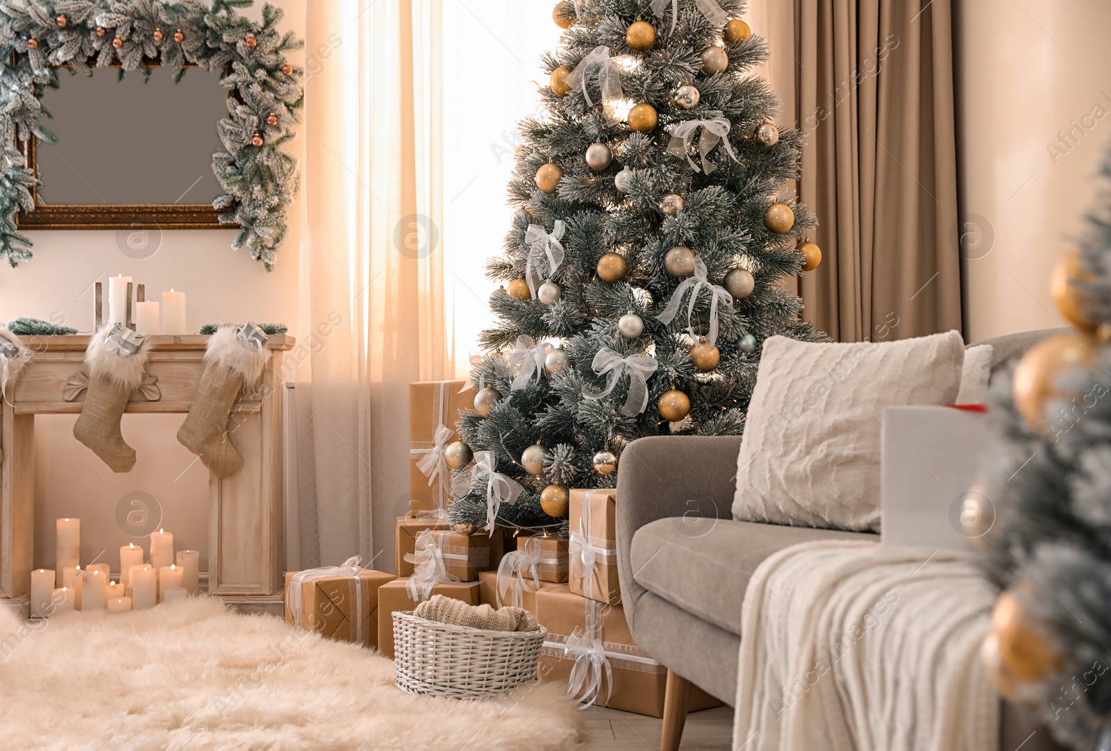 Image of Beautiful Christmas tree in decorated living room. Festive interior