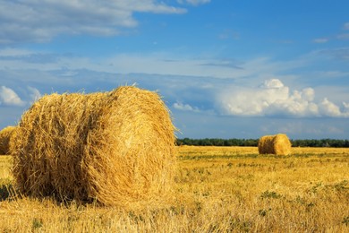 Photo of Beautiful view of agricultural field with hay bales