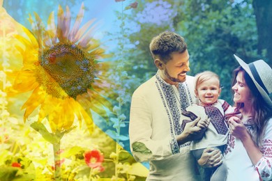 Image of Multiple exposure of happy family wearing national clothes, sunflower and Ukrainian flag