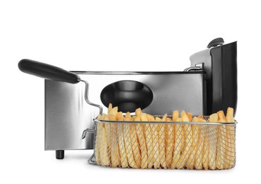 Modern deep fryer and metal basket with french fries on white background