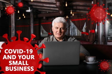 Image of Senior man working with laptop in his restaurant. Small business crisis during covid-19 outbreak