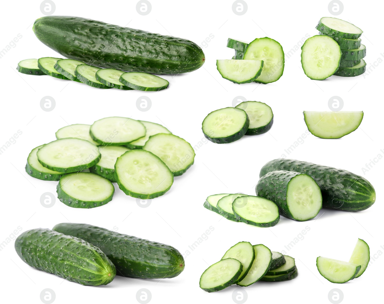 Image of Set with sliced cucumbers on white background