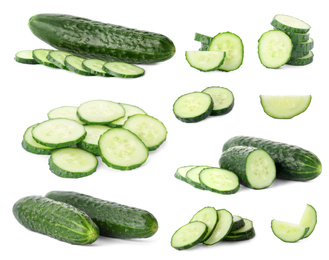 Image of Set with sliced cucumbers on white background