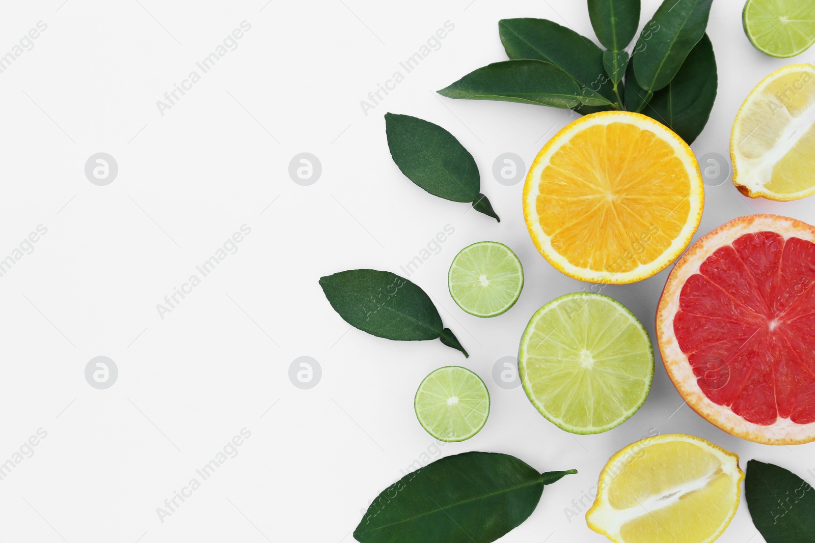 Photo of Different citrus fruits and leaves on white background, top view