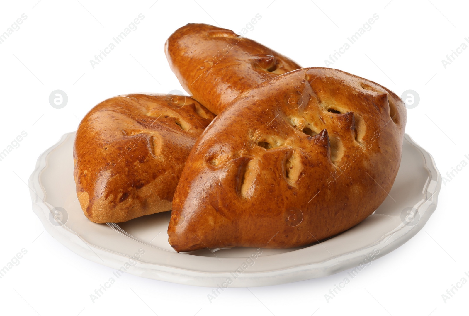 Photo of Plate with delicious baked patties on white background