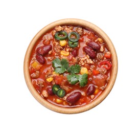 Bowl with tasty chili con carne on white background, top view