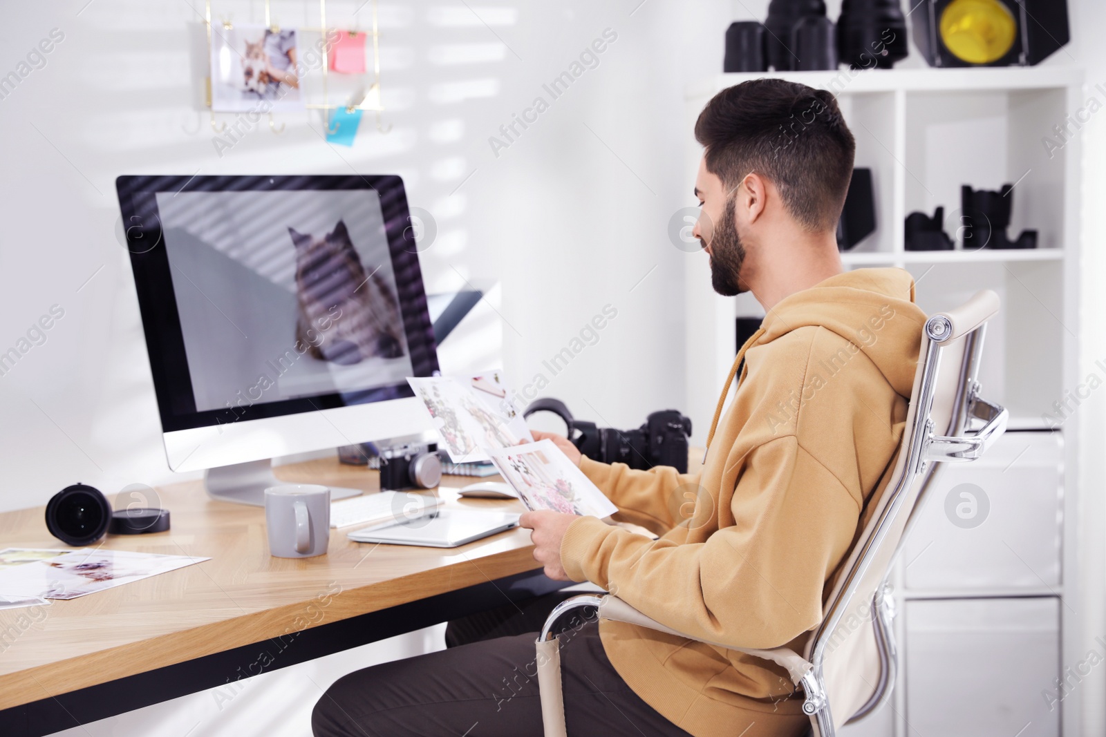 Photo of Professional photographer working at table in office