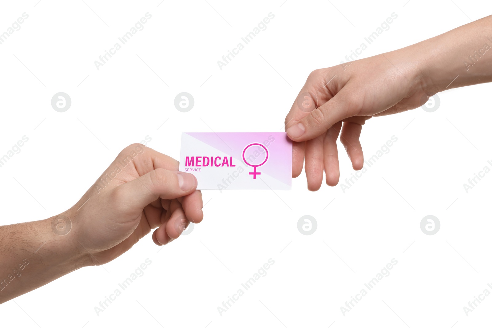 Photo of Man giving medical business card to girl isolated on white, closeup. Women's health service