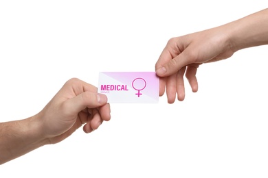 Photo of Man giving medical business card to girl isolated on white, closeup. Women's health service