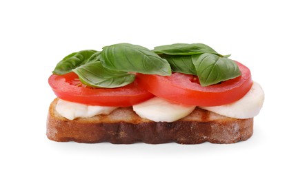 Photo of Delicious Caprese sandwich with mozzarella, tomato and basil isolated on white