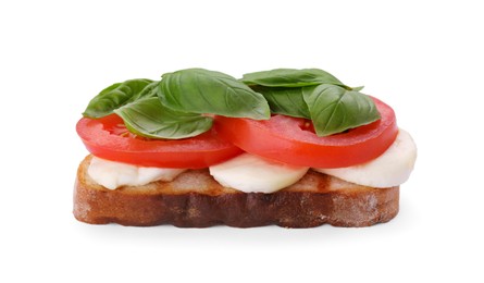 Delicious Caprese sandwich with mozzarella, tomato and basil isolated on white