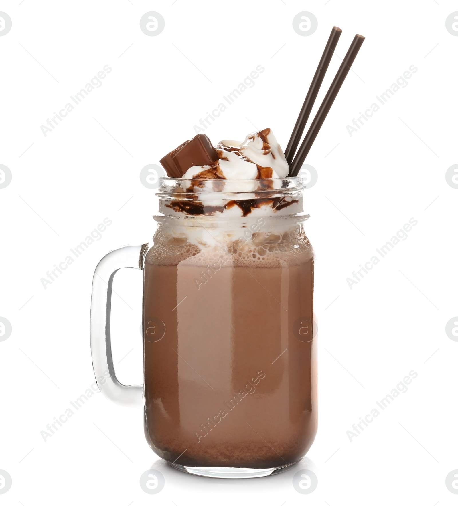 Photo of Mason jar with delicious milk shake on white background