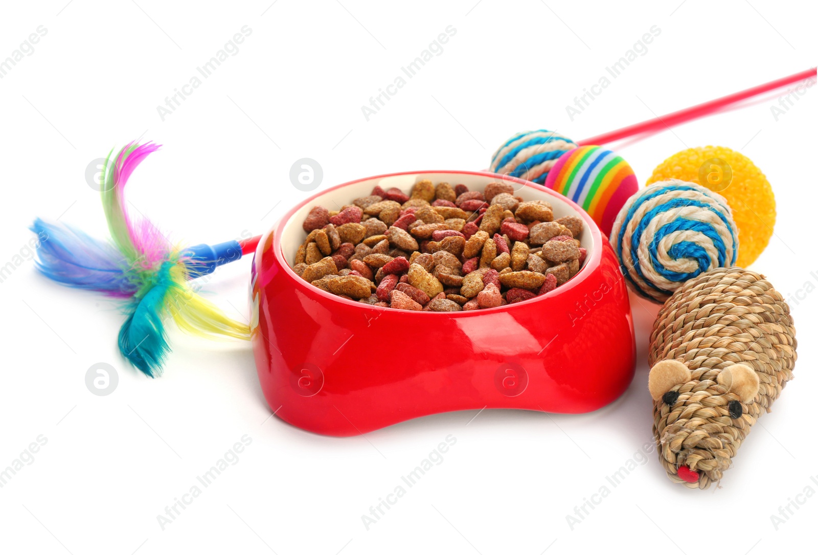 Photo of Cat toys and accessories on white background. Pet care