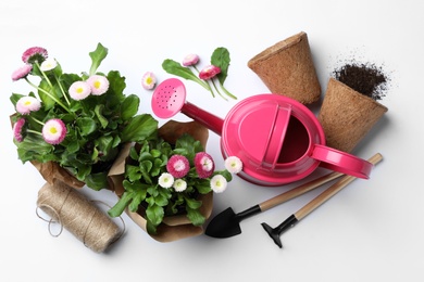 Photo of Composition with gardening equipment on white background, top view