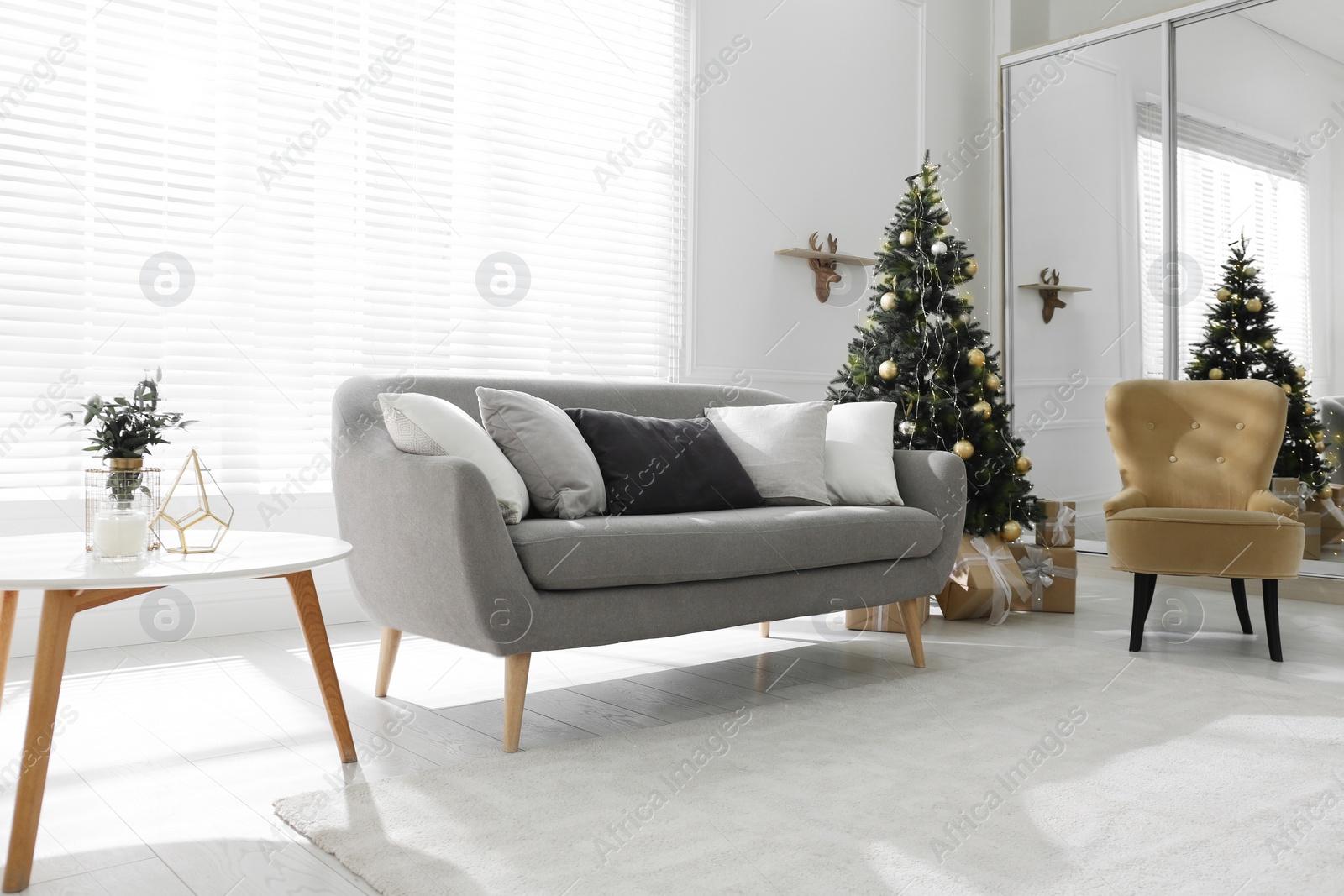 Photo of Beautiful Christmas tree and sofa in contemporary living room. Interior design