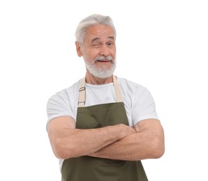 Photo of Man with crossed arms winking on white background