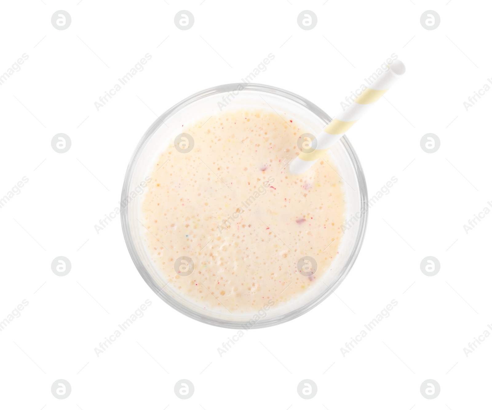 Photo of Tasty milk shake with straw isolated on white, top view