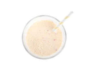 Photo of Tasty milk shake with straw isolated on white, top view