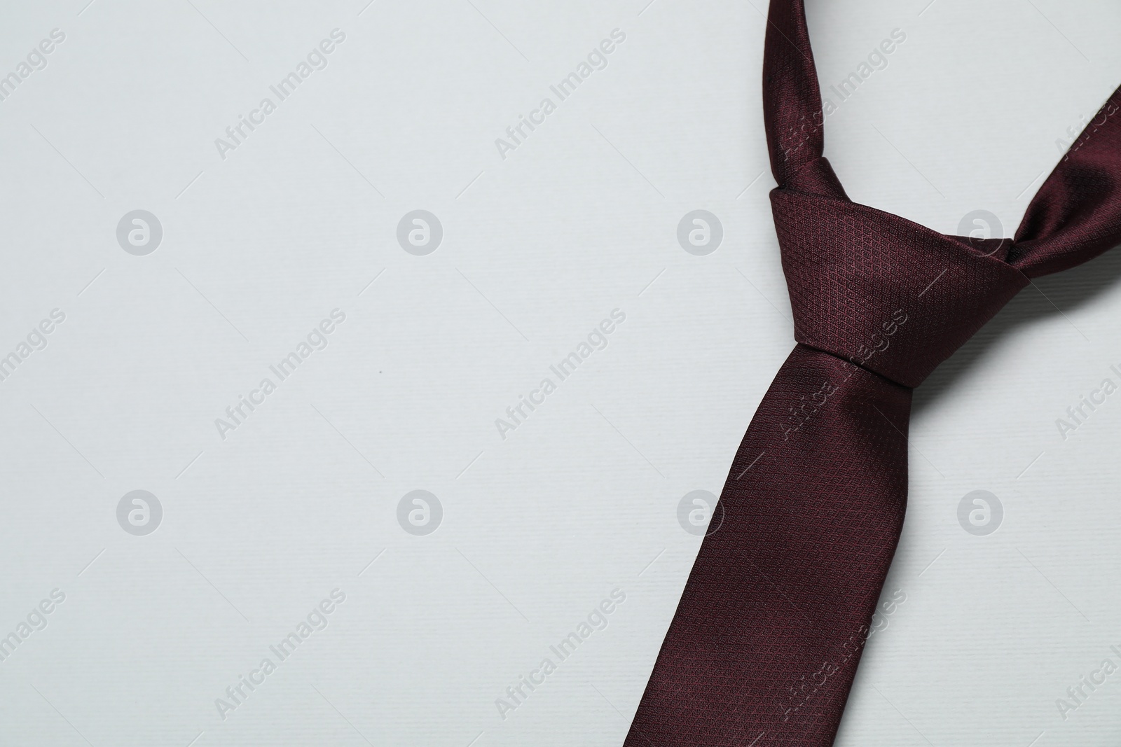 Photo of Brown necktie on light background, top view. Space for text