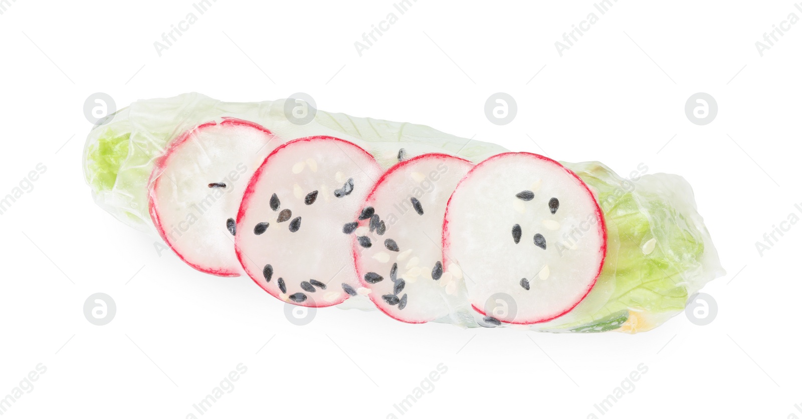 Photo of Delicious spring roll wrapped in rice paper isolated on white, top view