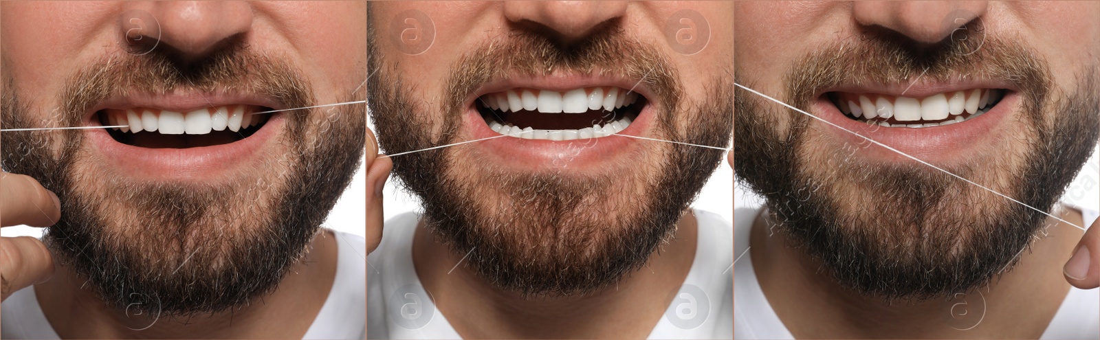 Image of Collage with photos of man using dental floss, closeup. Step by step instructions