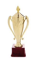 Photo of Shiny golden trophy cup on white background