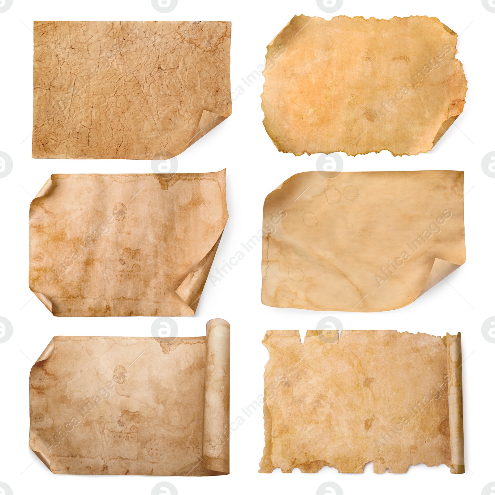 Image of Set with parchments isolated on white. Aged sheets of paper