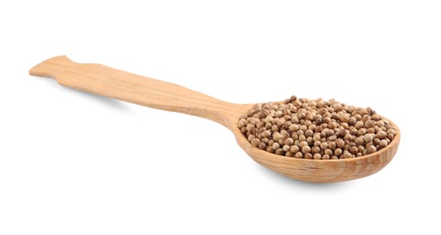 Photo of Dried coriander seeds with wooden spoon isolated on white