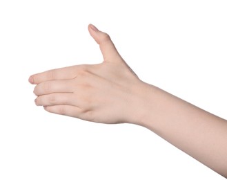 Woman holding something against white background, closeup