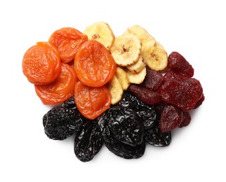 Photo of Mix of delicious dried fruits isolated on white, top view