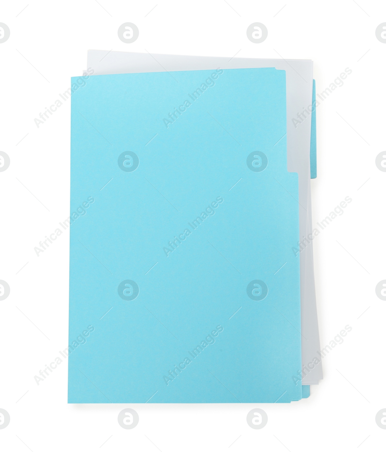 Photo of Turquoise file with documents isolated on white, top view