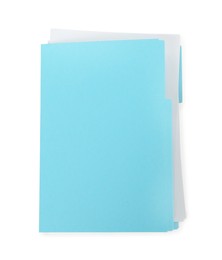 Turquoise file with documents isolated on white, top view