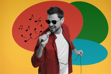Image of Singer's performance poster. Man with microphone on bright background