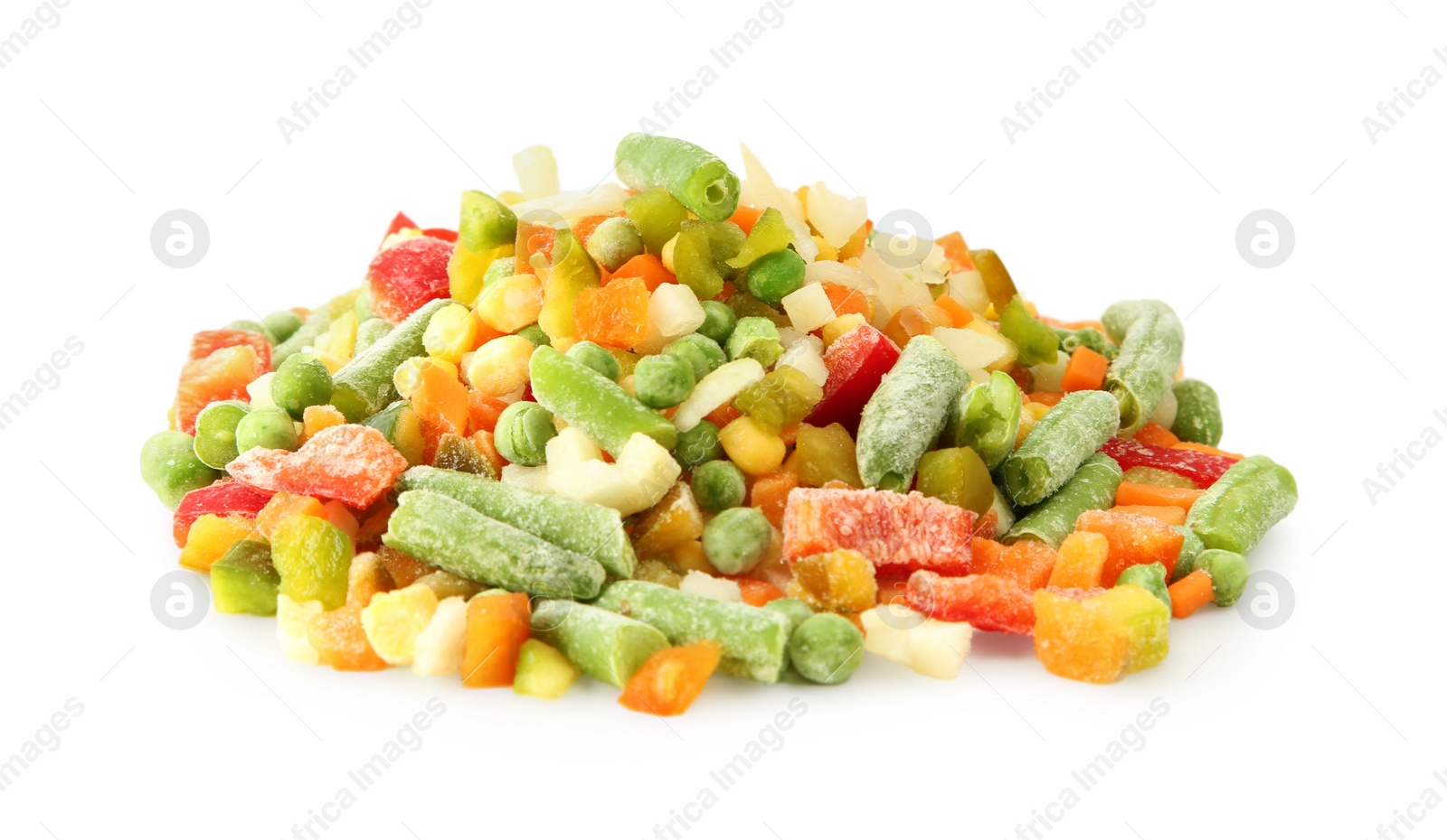 Photo of Mix of different frozen vegetables isolated on white