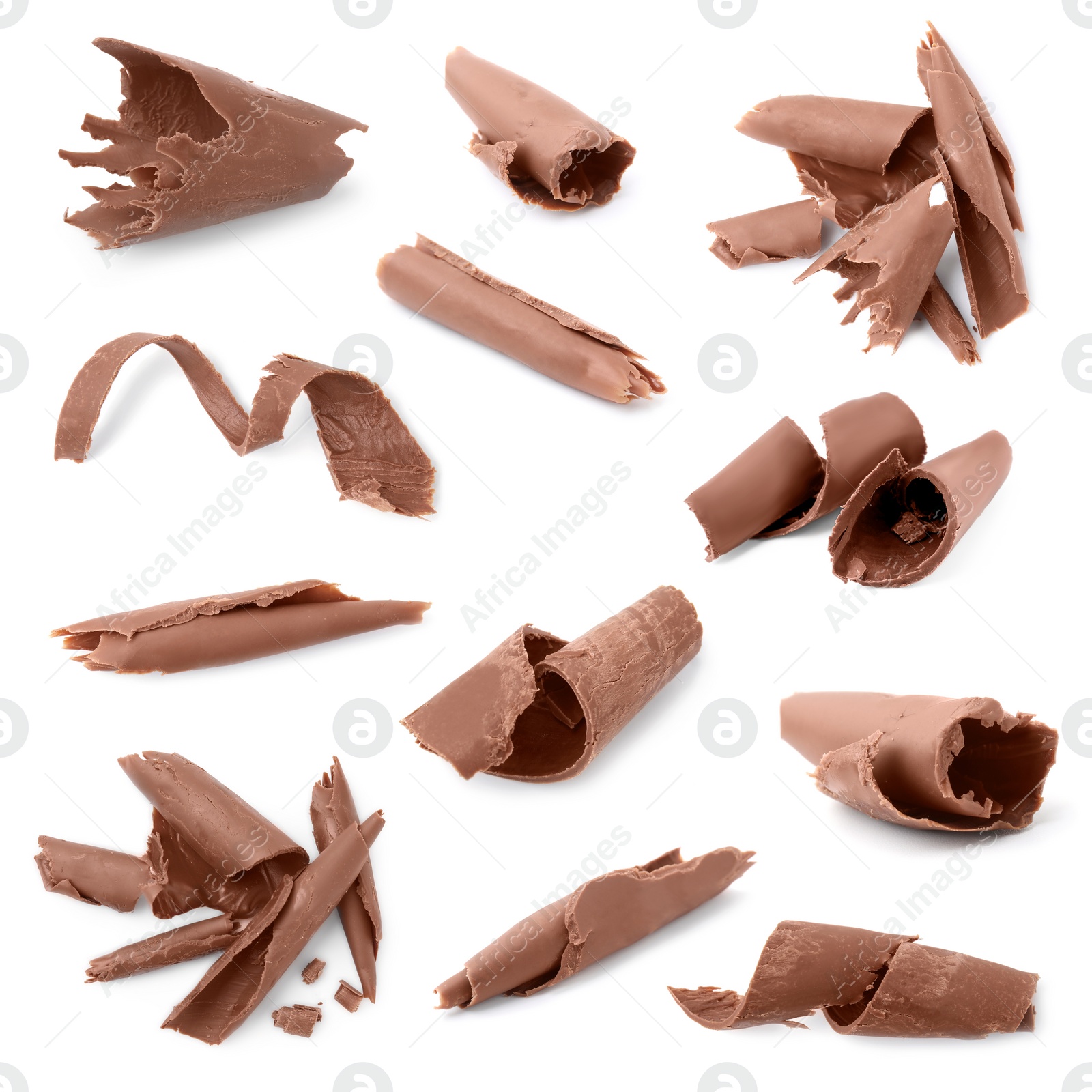 Image of Many chocolate curls isolated on white, collection