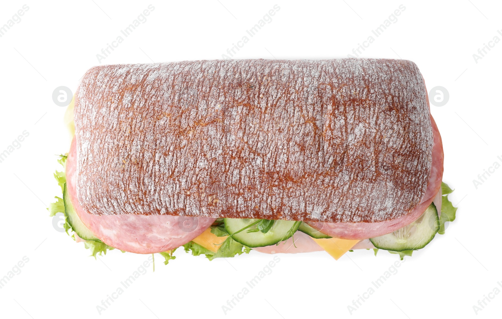 Photo of Tasty sandwich with ham isolated on white, top view