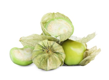 Photo of Fresh green tomatillos with husk isolated on white