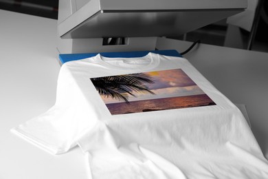 Image of Custom t-shirt. Using heat press to print beautiful image of tropical seascape