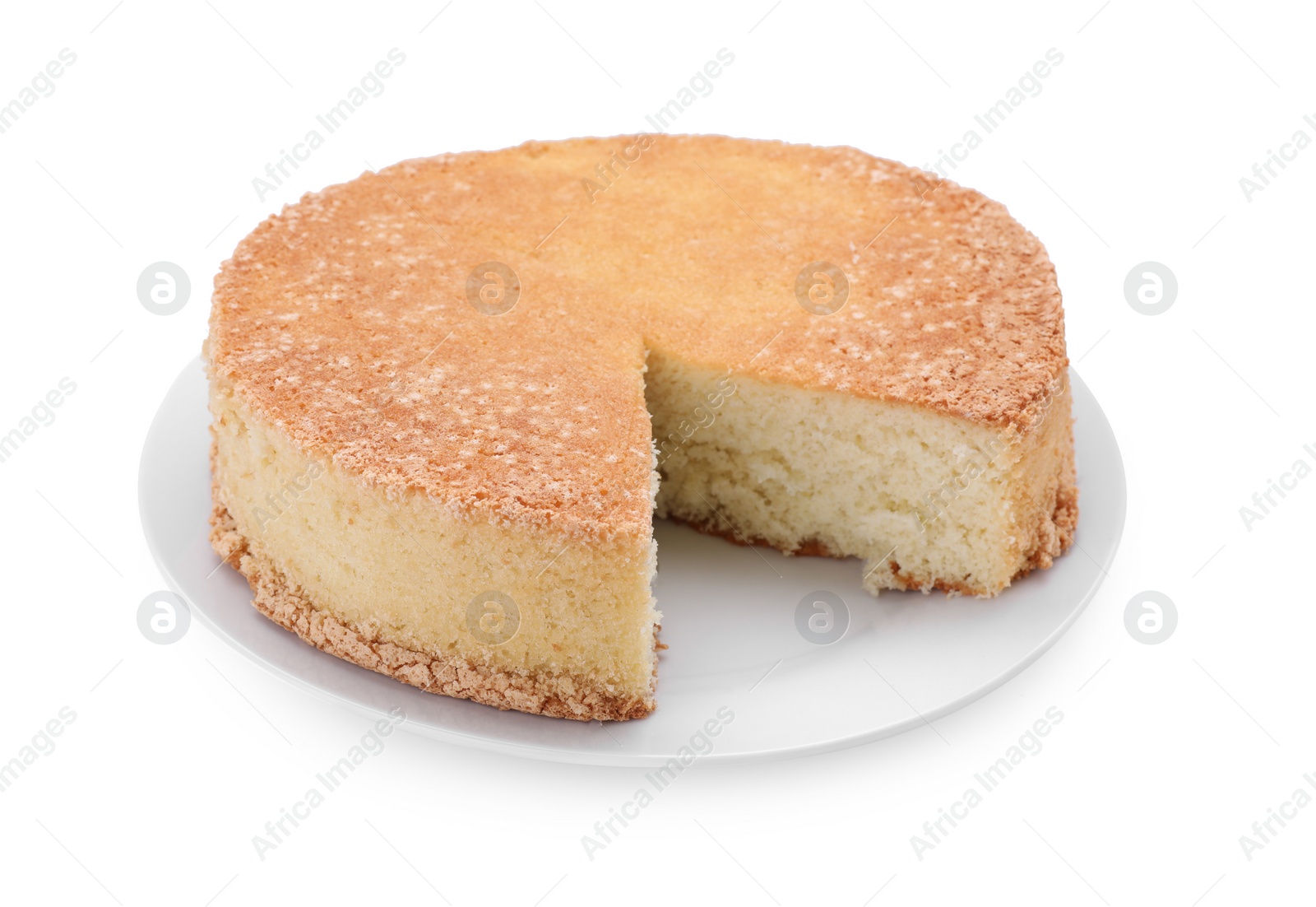 Photo of Plate with tasty sponge cake isolated on white