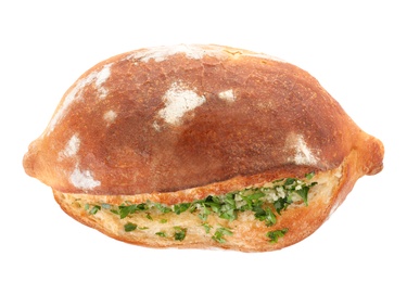 Photo of Delicious homemade garlic bread with herbs on white background, top view